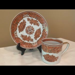 Vtg Gold & Orange Hand painted cup & saucer signed